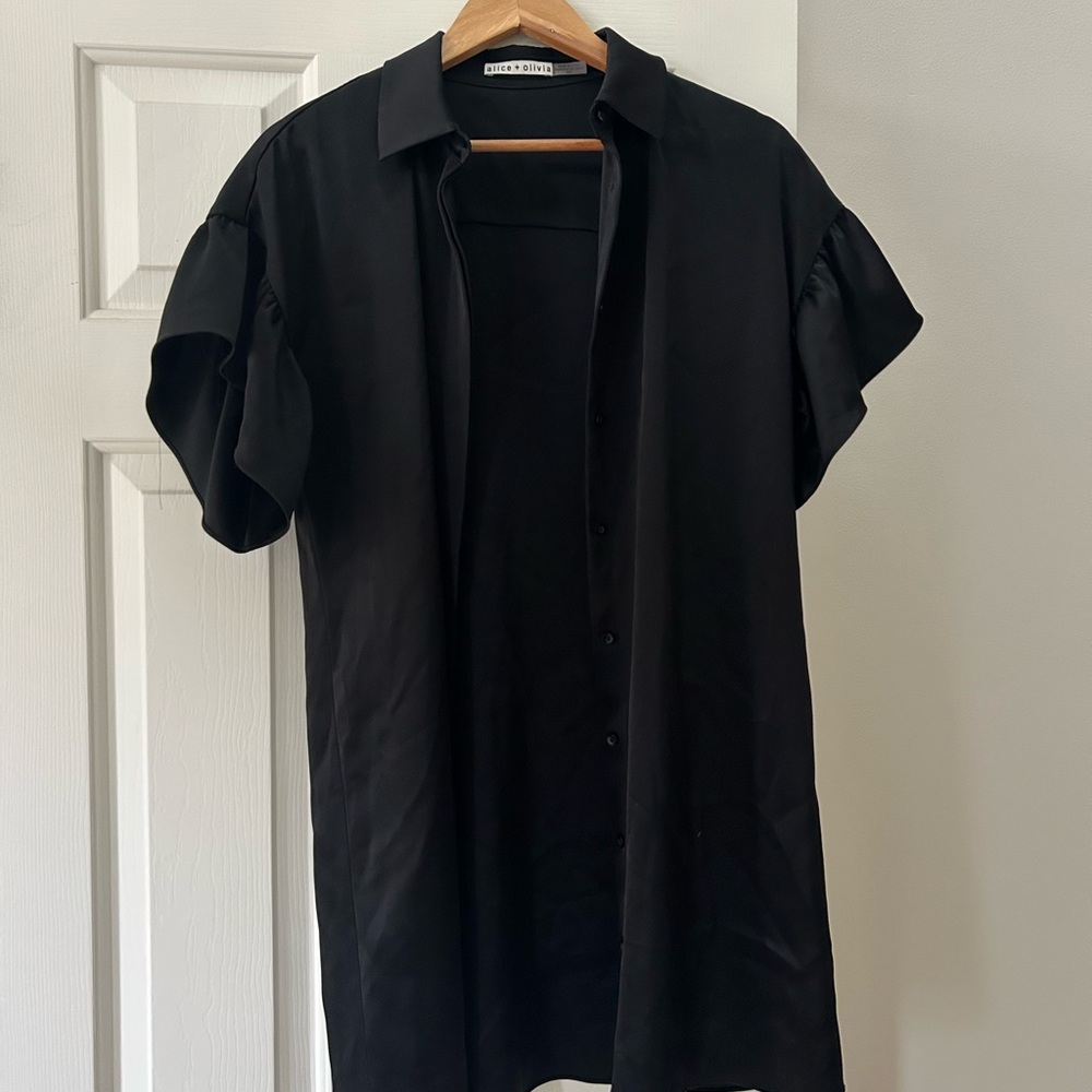 Alice & Olivia Black Short Sleeve Button-Up Shirt Dress